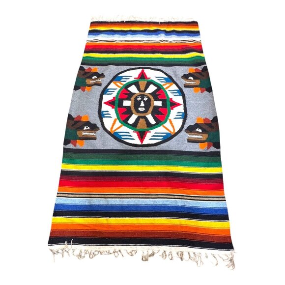 Vintage Southwestern Tribal Inspired Wool Rug Aztec Mayan Sun Face Stripes 50X81 - Picture 1 of 4